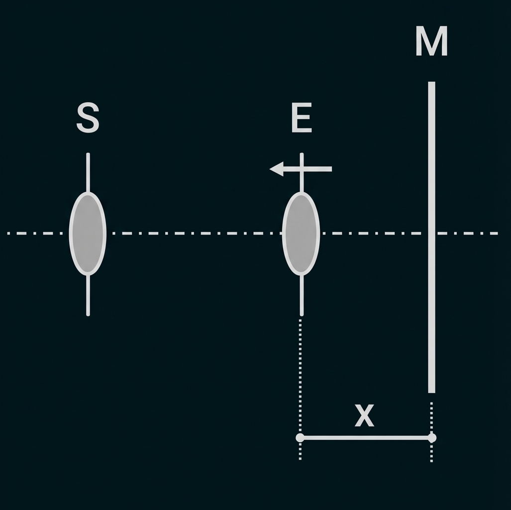 Drei vertikale Objekte S, E, M auf Mittellinie; Pfeil links an E; Abstand x zwischen E und M.